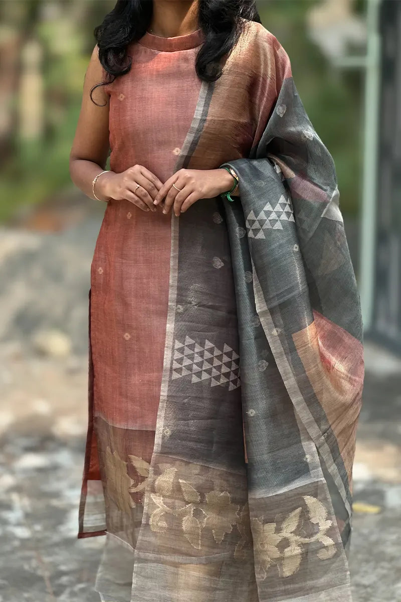 Terracotta elegance- Premium tissue silk kurti with dupatta