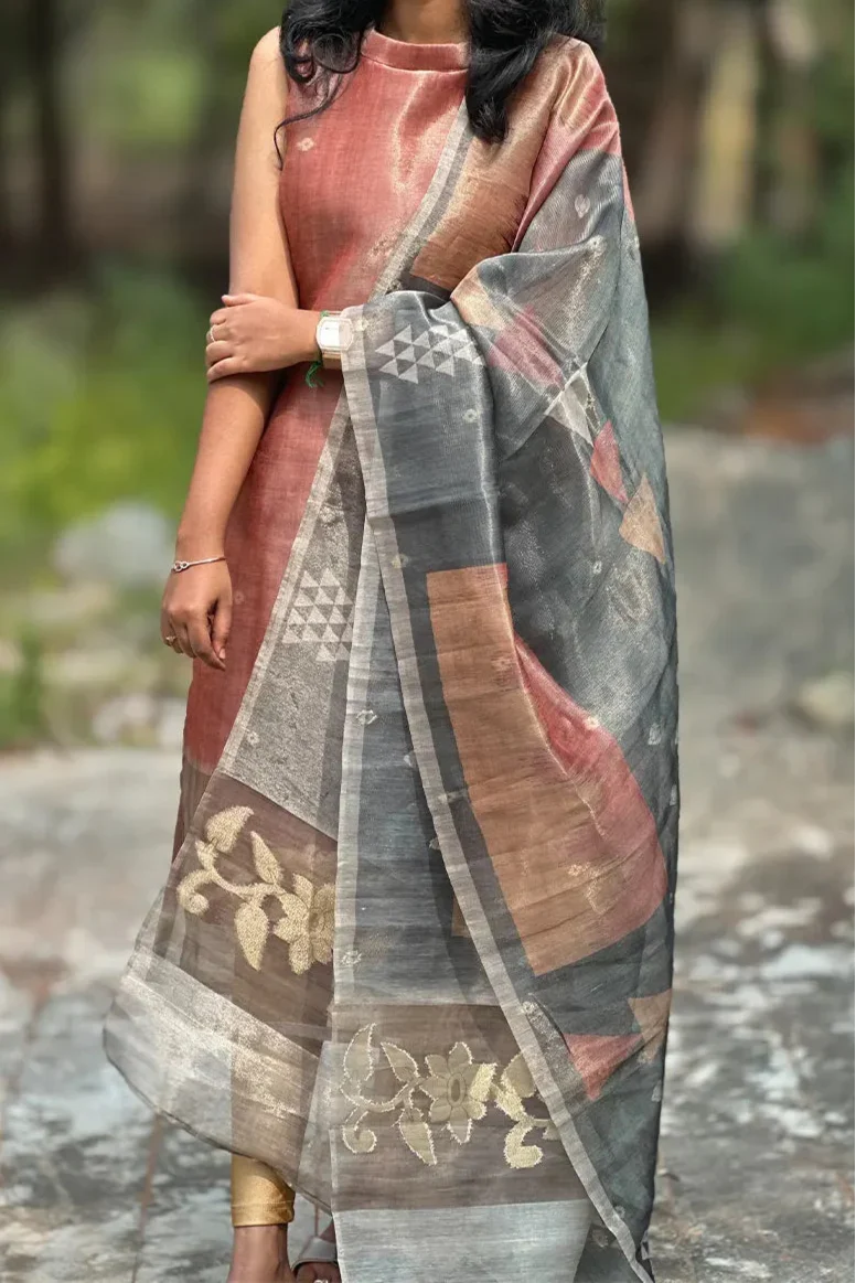 Terracotta elegance- Premium tissue silk kurti with dupatta