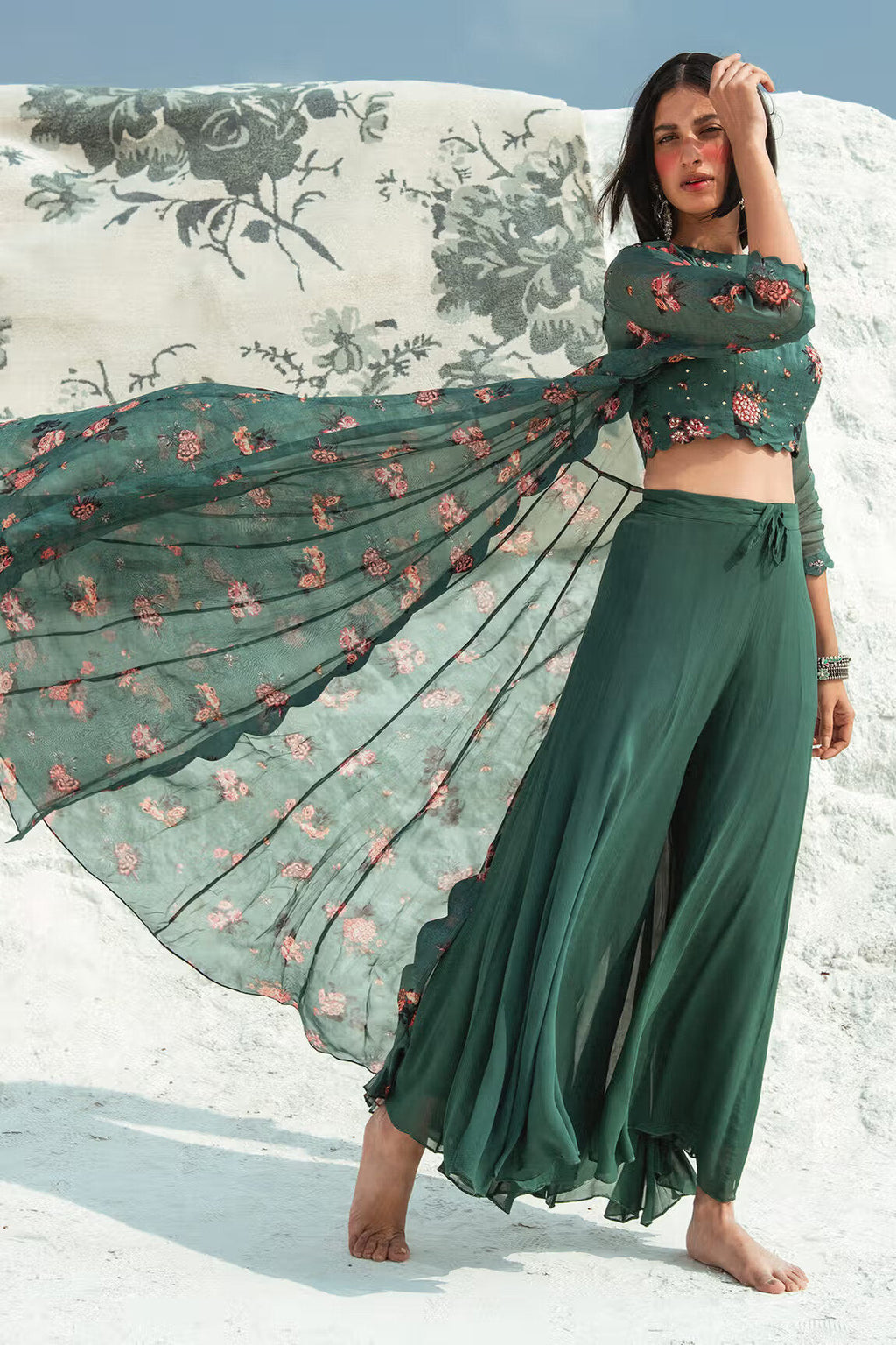 Moksha Green Cotton Silk Printed Jacket Pant Set