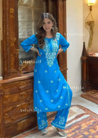 Eshwari Dark Blue Cotton Chikankari Straight Kurta Set