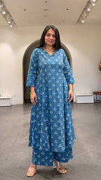 Pari Cotton Hand Block Kurta Set- Blue