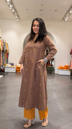 Amirah Hand Woven Kali Kurta In Cotton - Brown