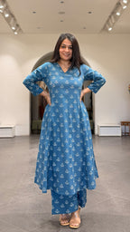 Pari Cotton Hand Block Kurta Set- Blue