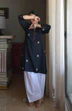Black Jamdani Short Kurta with Pleated White Pyjama
