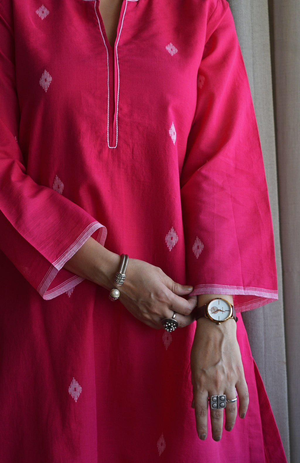 Rani Pink Jamdani Short Kurta with Pleated White Pyjama