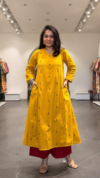 Leher Hand Woven Kali Kurta In Cotton - Yellow