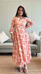 Kriva - Peach Floral Kali Kurta In Cotton