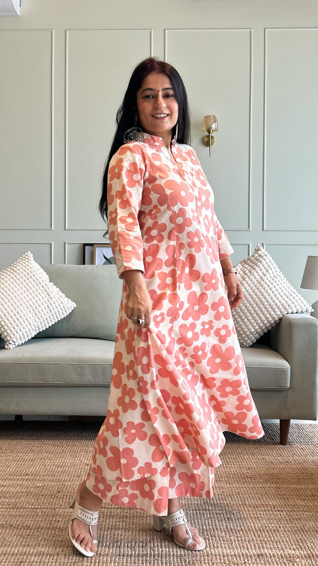 Kriva - Peach Floral Kali Kurta In Cotton