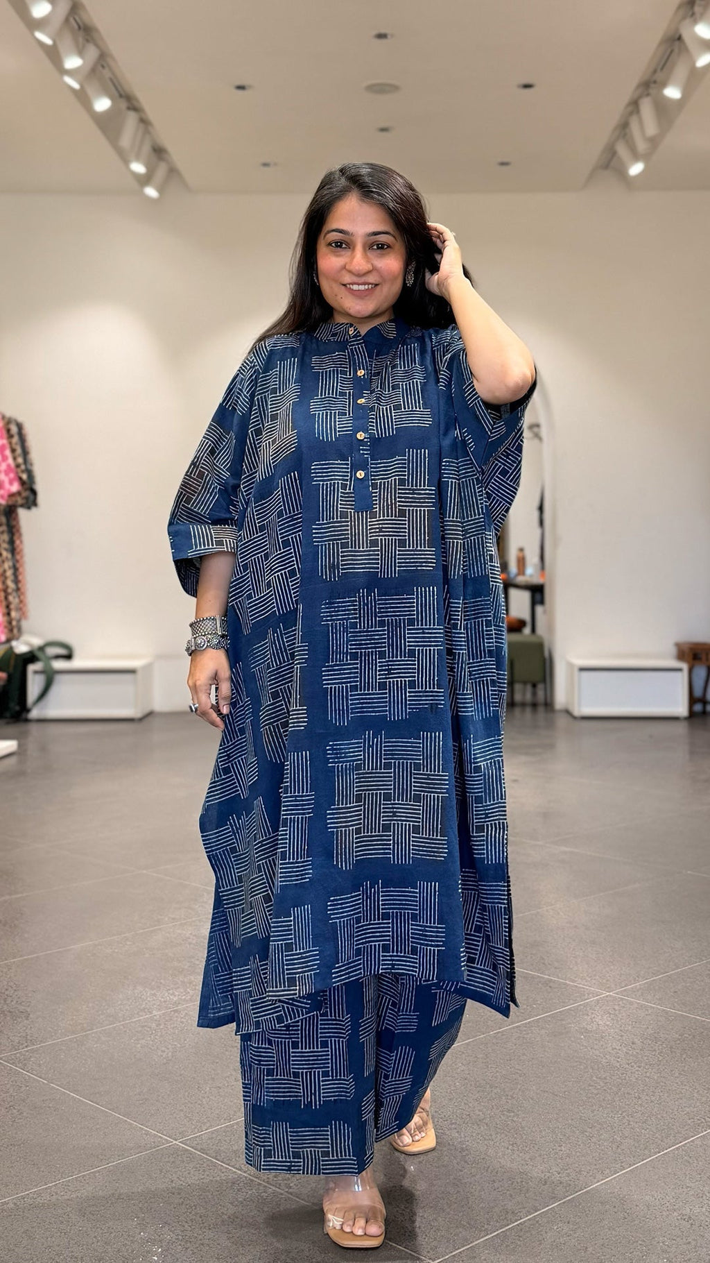 Jessica Ajrakh Cotton Kaftan Co-ord - Indigo