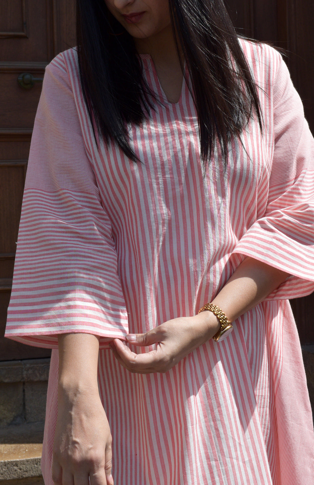 Coral Stripe A line kurta in Handwoven cotton