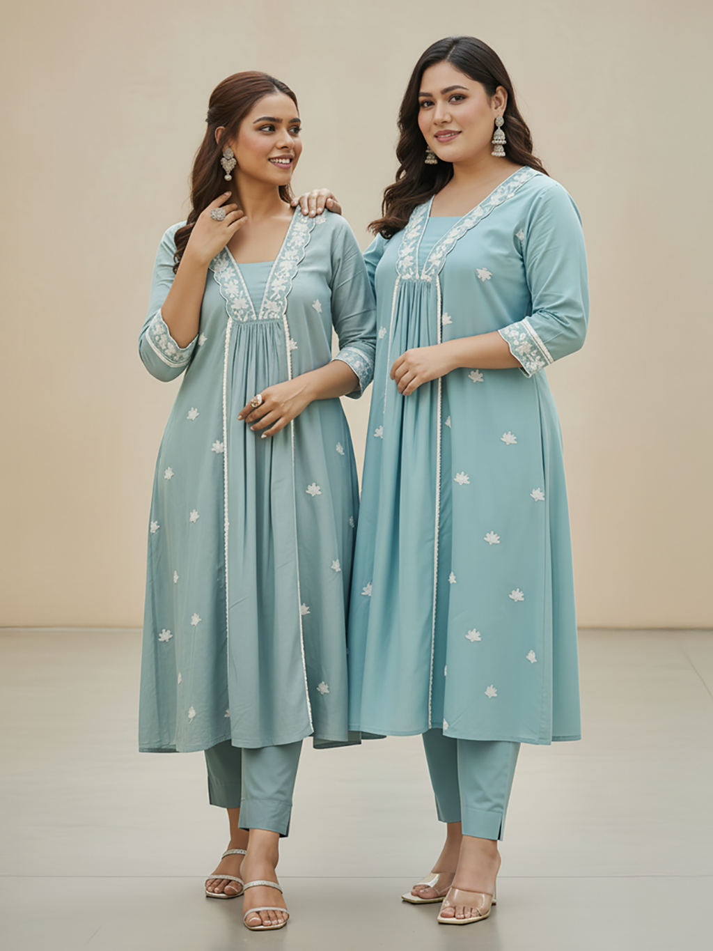 Niva's Women's Plus Size Light Blue Pure Cotton Embroidered A-line Kurta Pant Set