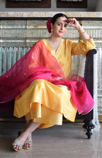 Kanak Chanderi Set with Hand Embroidered A line Kurta and Wide Legged Pyjama