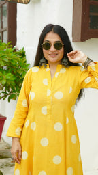 Yellow Polka Dots Kali Kurta In Cotton