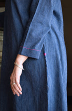 Navy Blue Striped Co-ord Set in Handwoven Cotton
