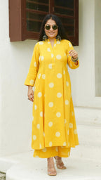 Yellow Polka Dots Kali Kurta In Cotton