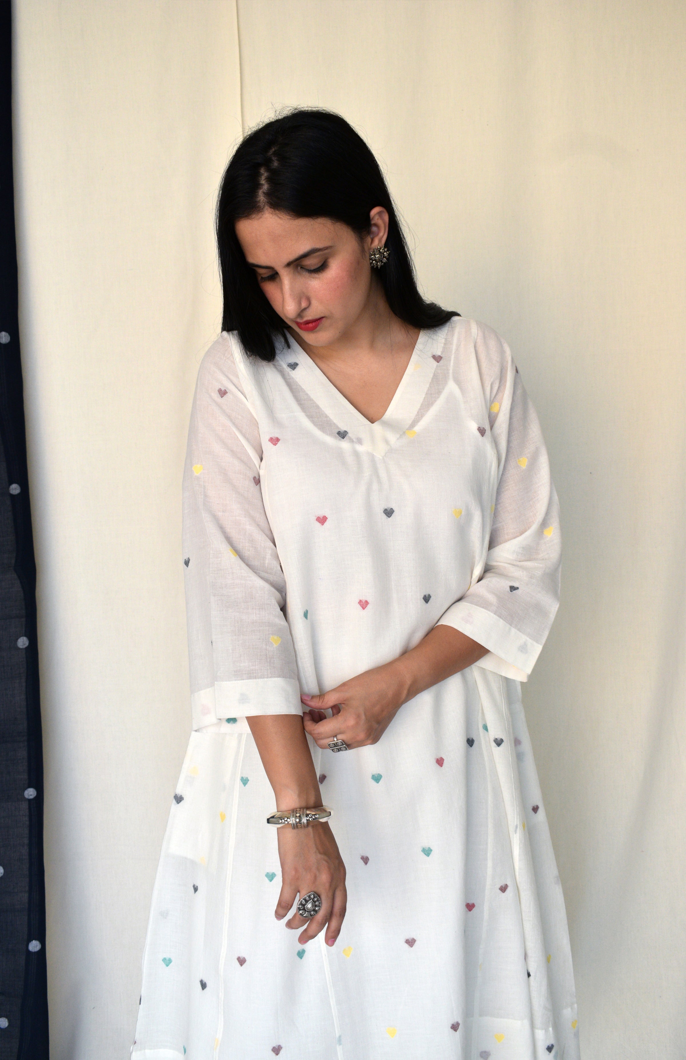 Pearl White Jamdani Phiran with Off White Pyjama