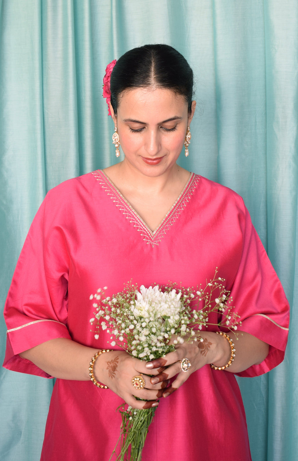 Rohini Chanderi Set with Hand Embroidered Choga Kurta and Wide Legged Pyjama