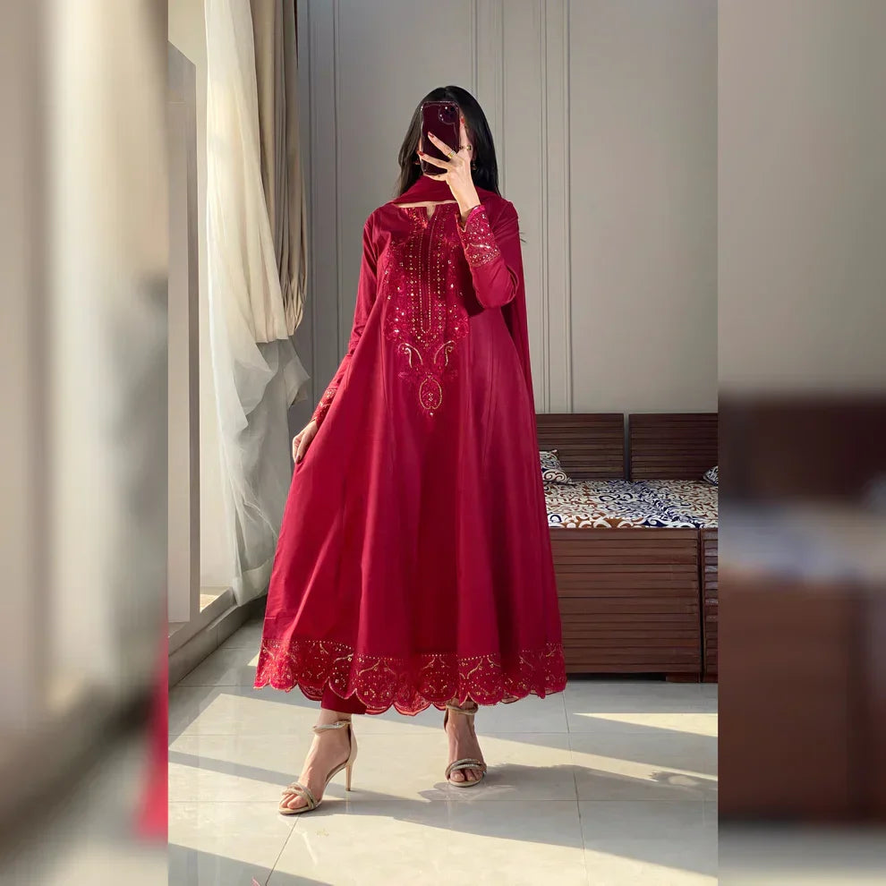 Naina Scarlet Maroon Embroidered Frock Set