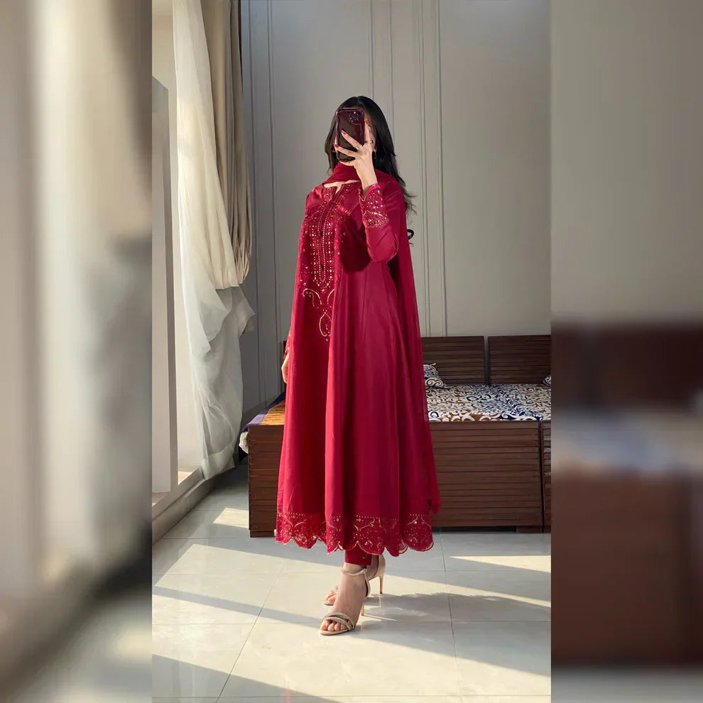 Naina Scarlet Maroon Embroidered Frock Set