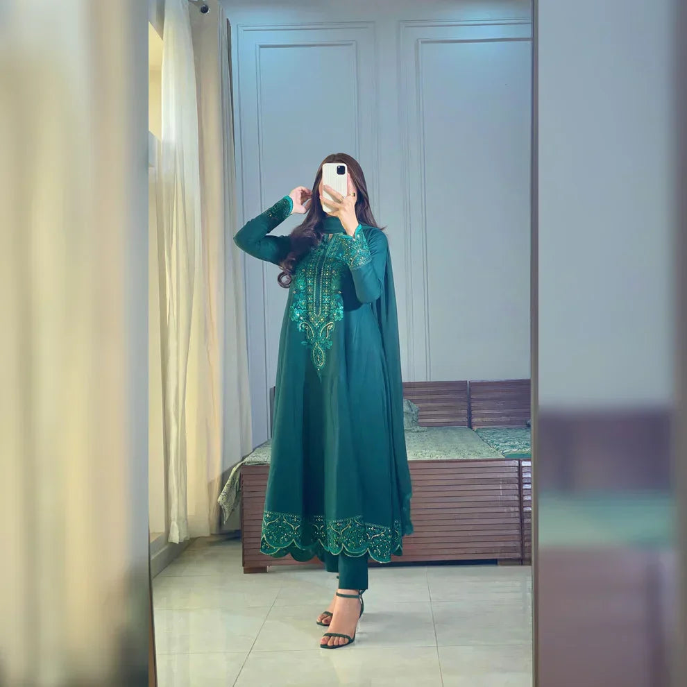 Iravati Morni Green Embroidered Frock Set