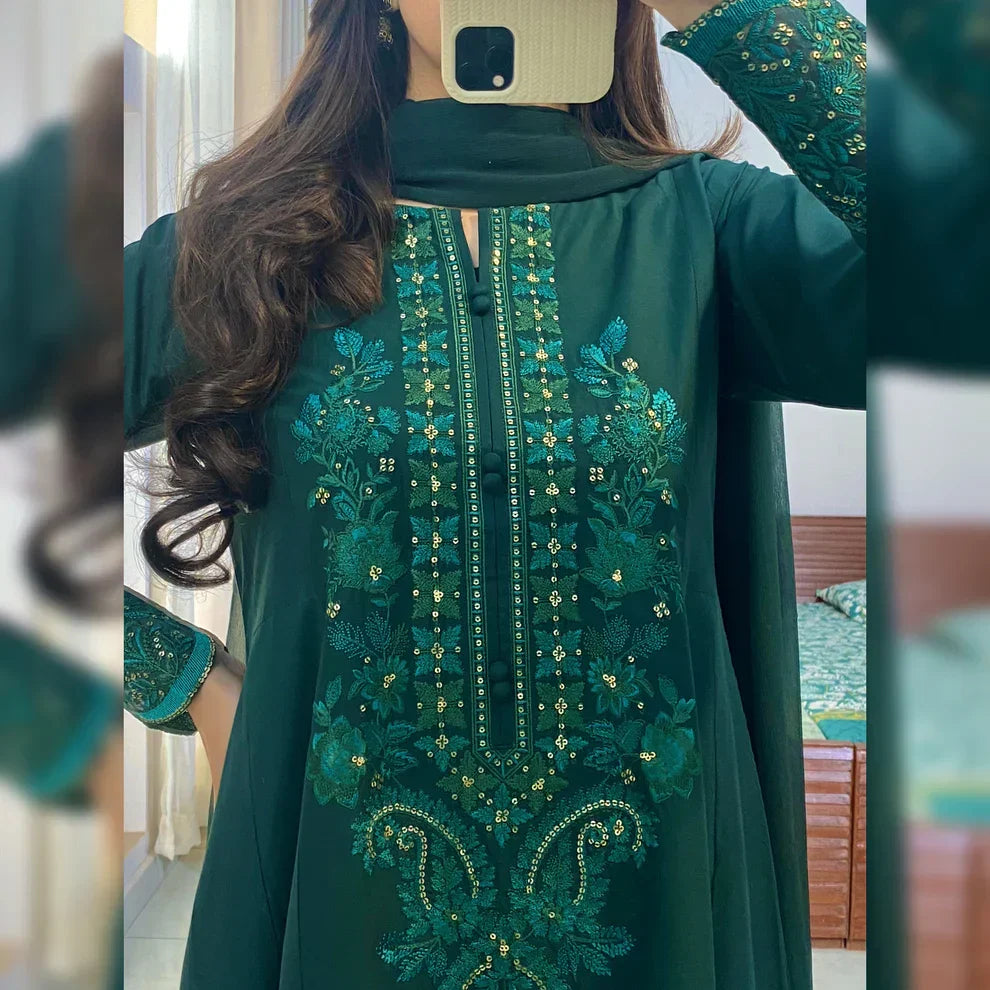 Iravati Morni Green Embroidered Frock Set