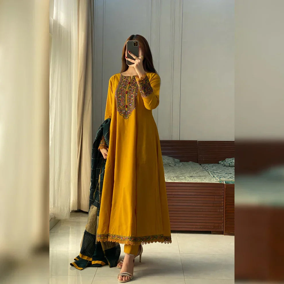 Jasleen Mustard Embroidered Frock Set