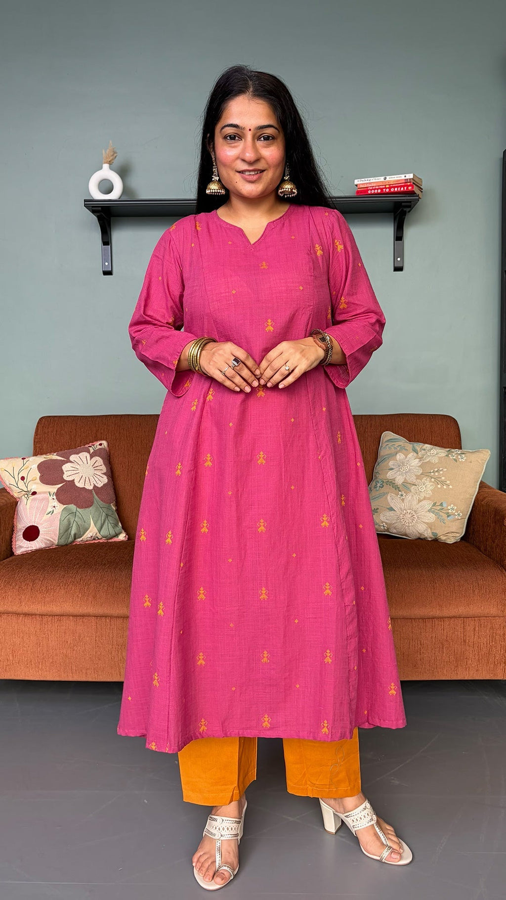 Sonam Pink Hand Woven Kali Cotton Kurta