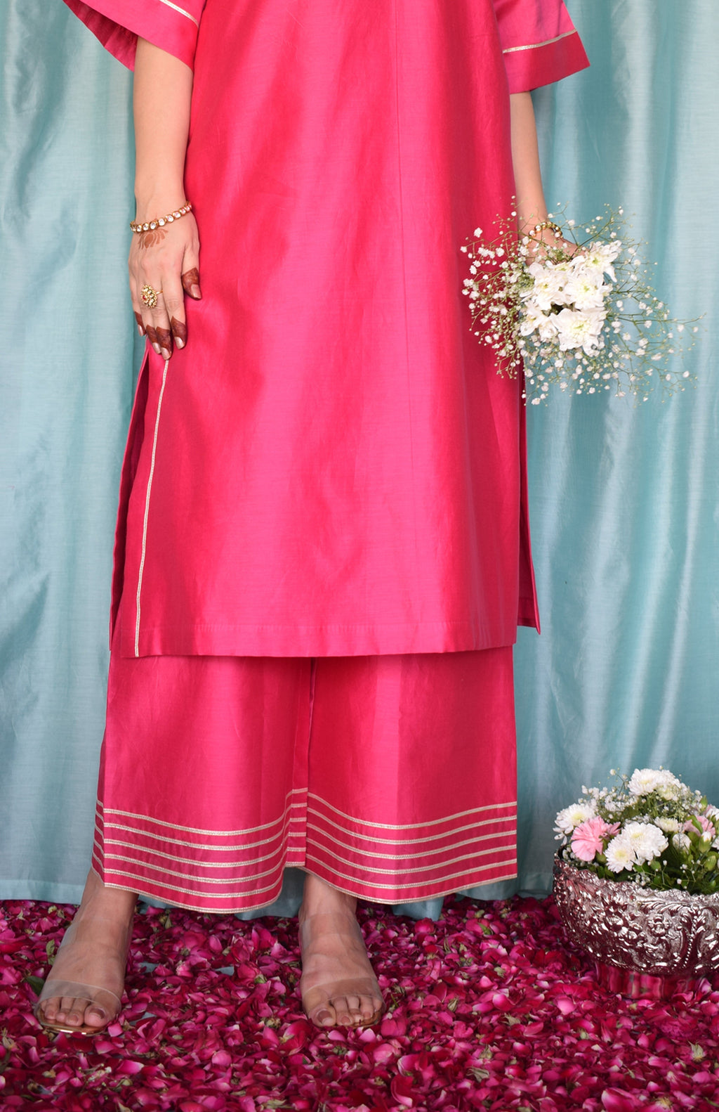 Rohini Chanderi Set with Hand Embroidered Choga Kurta and Wide Legged Pyjama