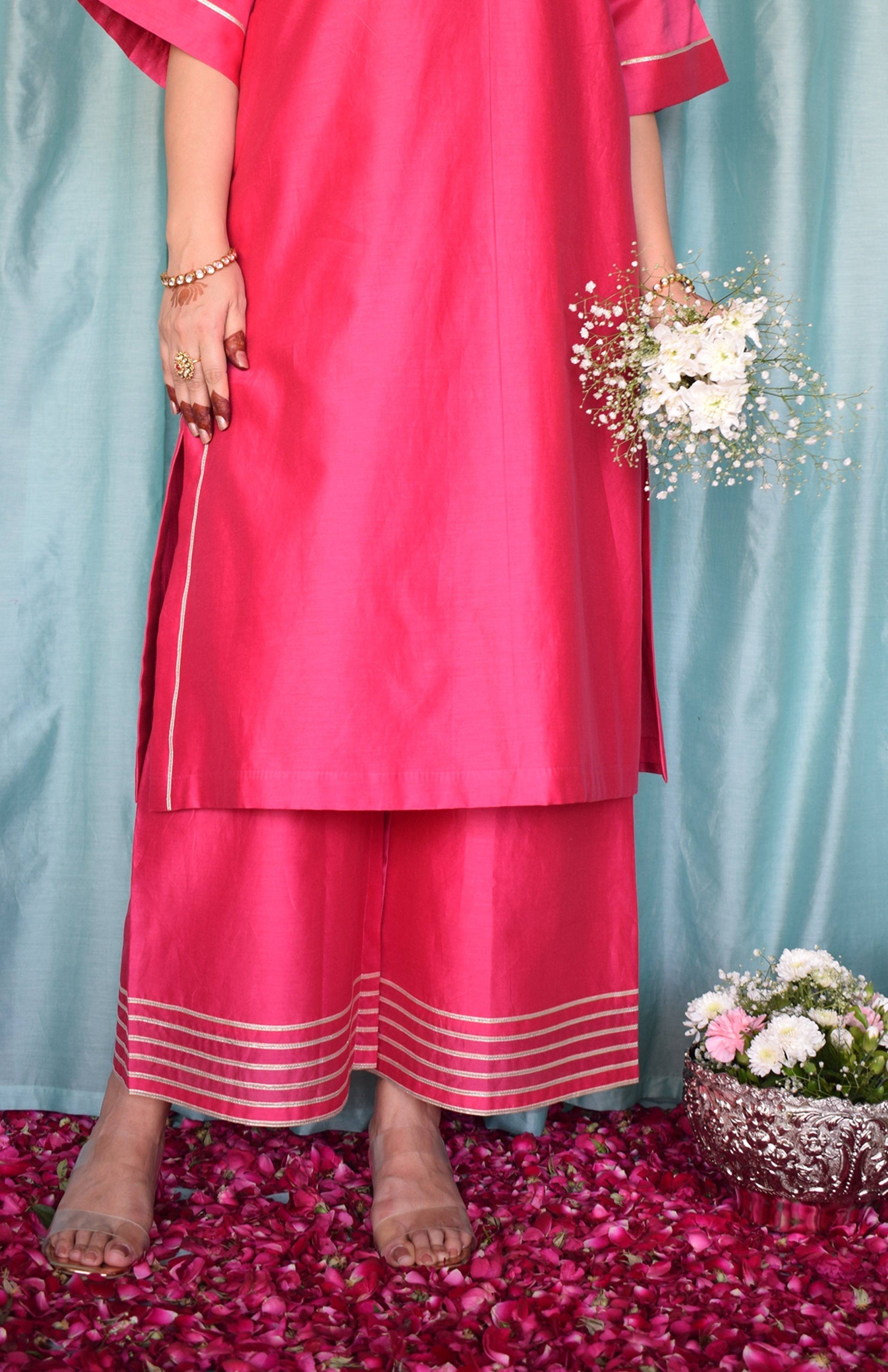 Rohini Chanderi Set with Hand Embroidered Choga Kurta and Wide Legged Pyjama