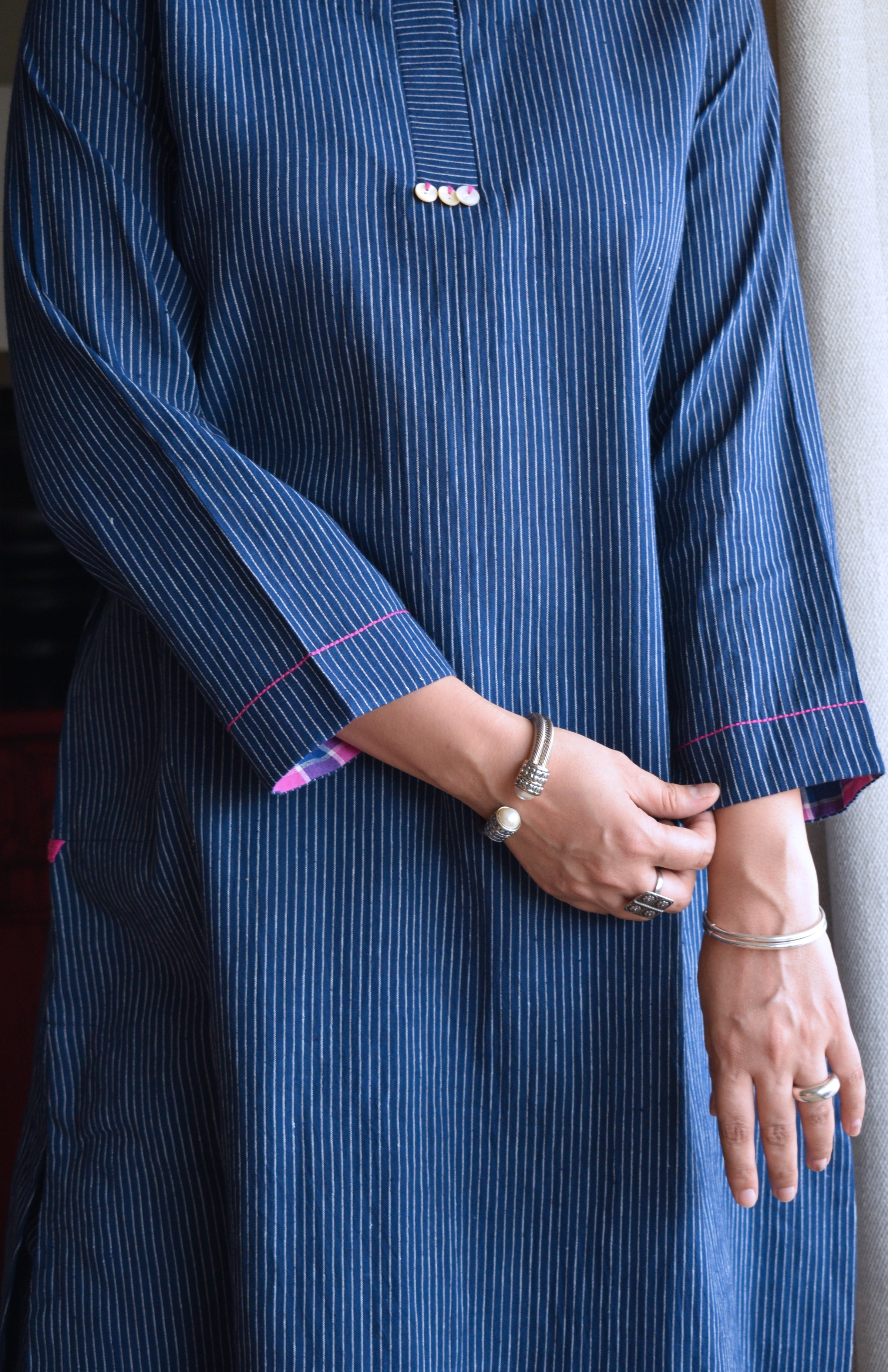 Navy Blue Striped Co-ord Set in Handwoven Cotton