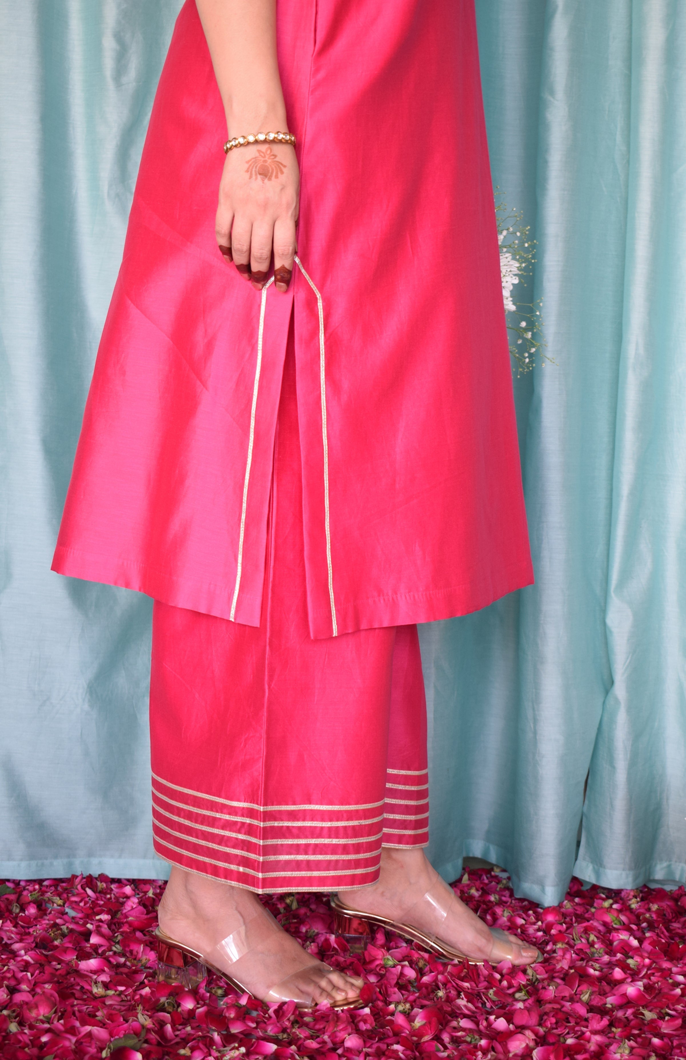 Rohini Chanderi Set with Hand Embroidered Choga Kurta and Wide Legged Pyjama
