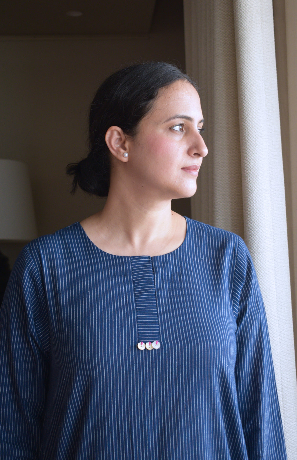 Navy Blue Striped Co-ord Set in Handwoven Cotton