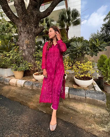 Lajja Deep Pink Hand Embroidered Chikankari Kurta