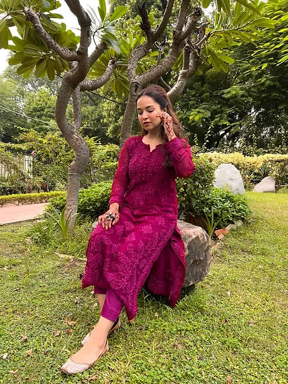 Lajja Deep Pink Hand Embroidered Chikankari Kurta
