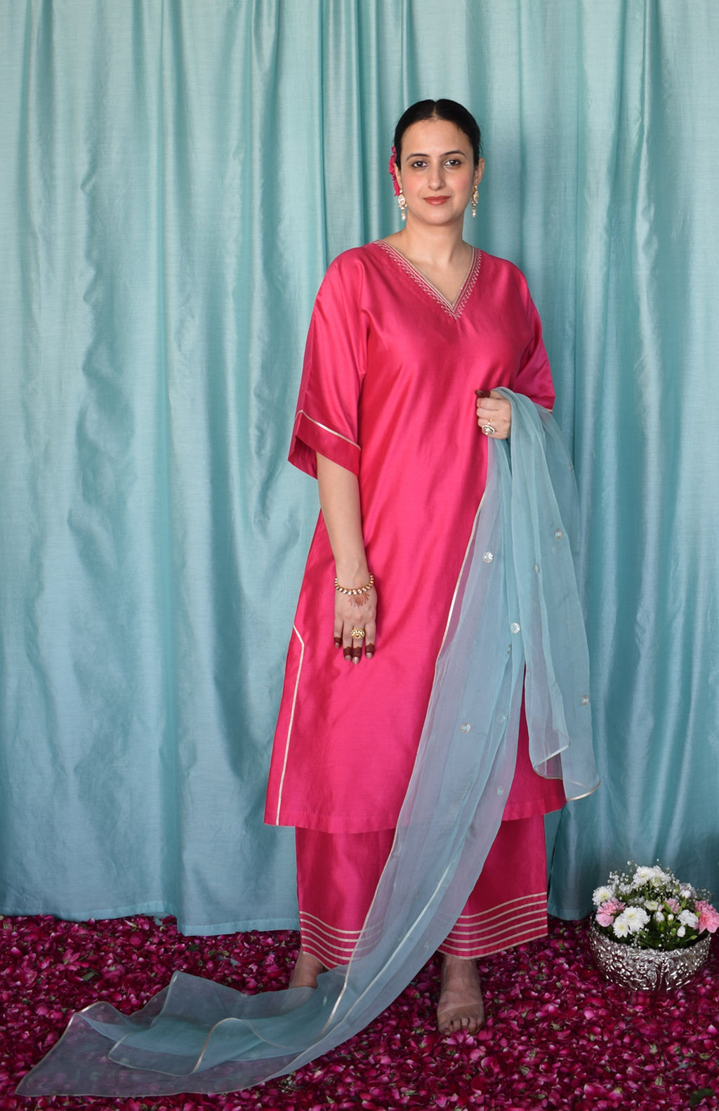 Rohini Chanderi Set with Hand Embroidered Choga Kurta and Wide Legged Pyjama