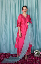 Rohini Chanderi Set with Hand Embroidered Choga Kurta and Wide Legged Pyjama