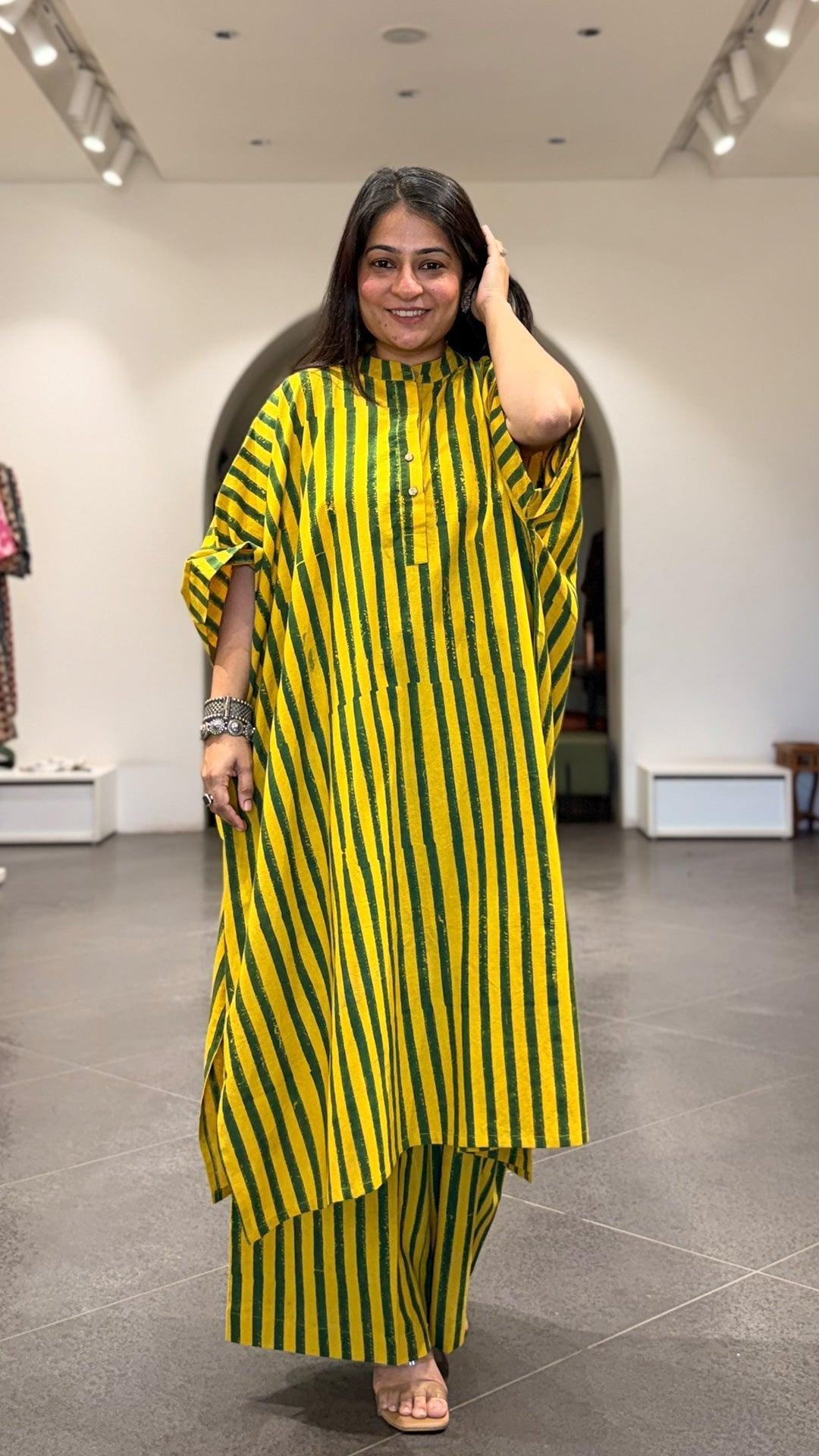 Joe Ajrakh Cotton Kaftan Co-ord - Yellow/Green