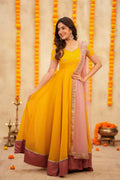 Gulika Yellow Pink Handworked Anarkali Dupatta Set