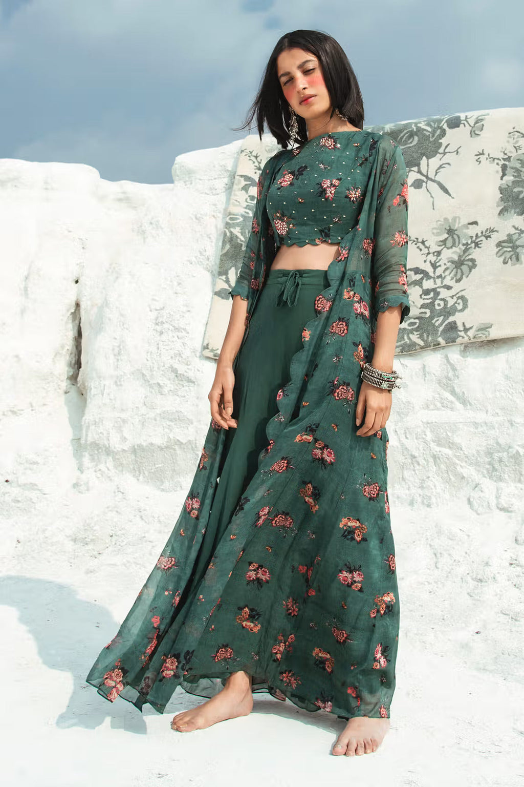 Moksha Green Cotton Silk Printed Jacket Pant Set