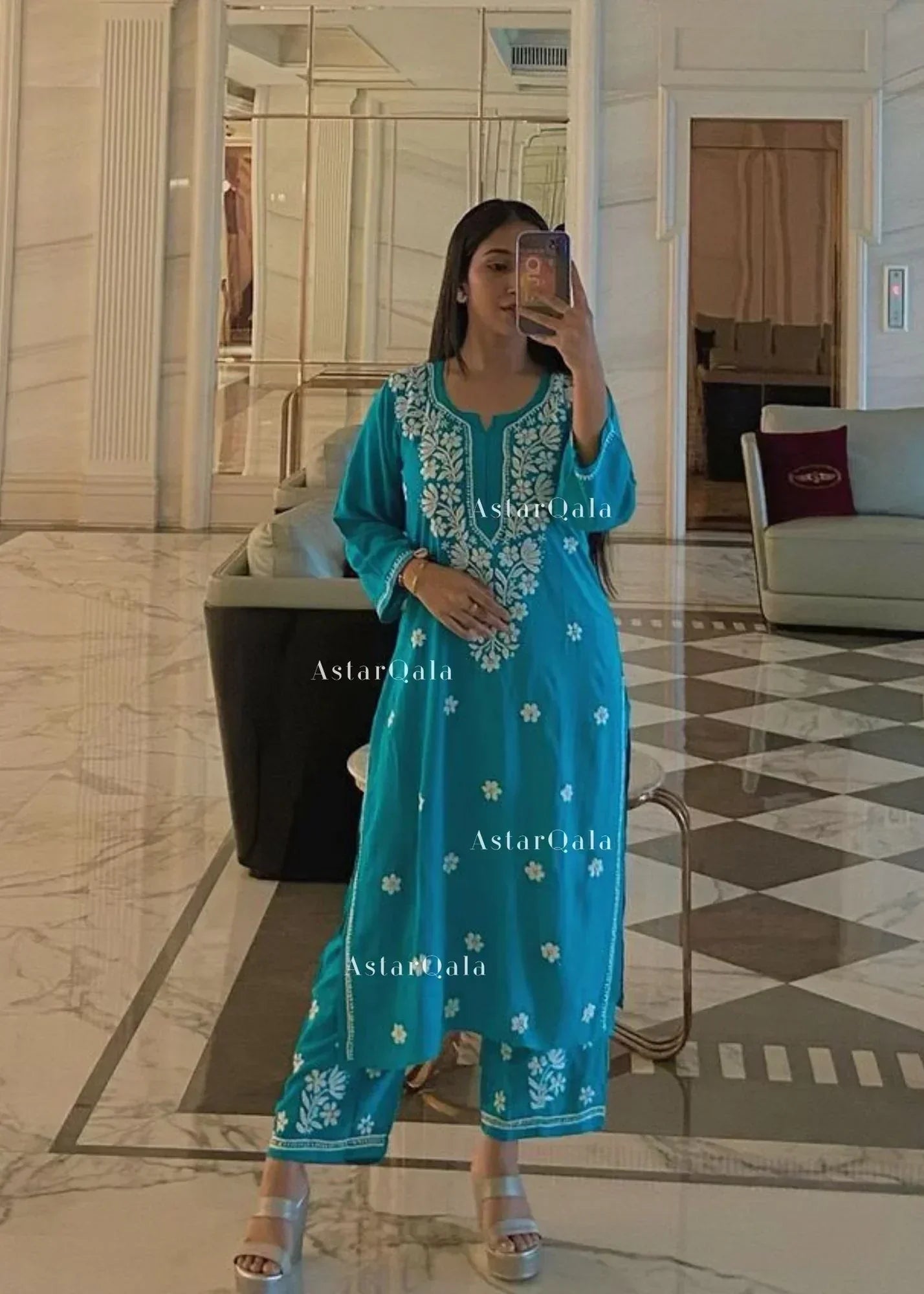 Falguni Blue Cotton Chikankari Straight Kurta Set