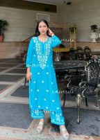 Falguni Blue Cotton Chikankari Straight Kurta Set