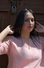 Coral Stripe A line kurta in Handwoven cotton