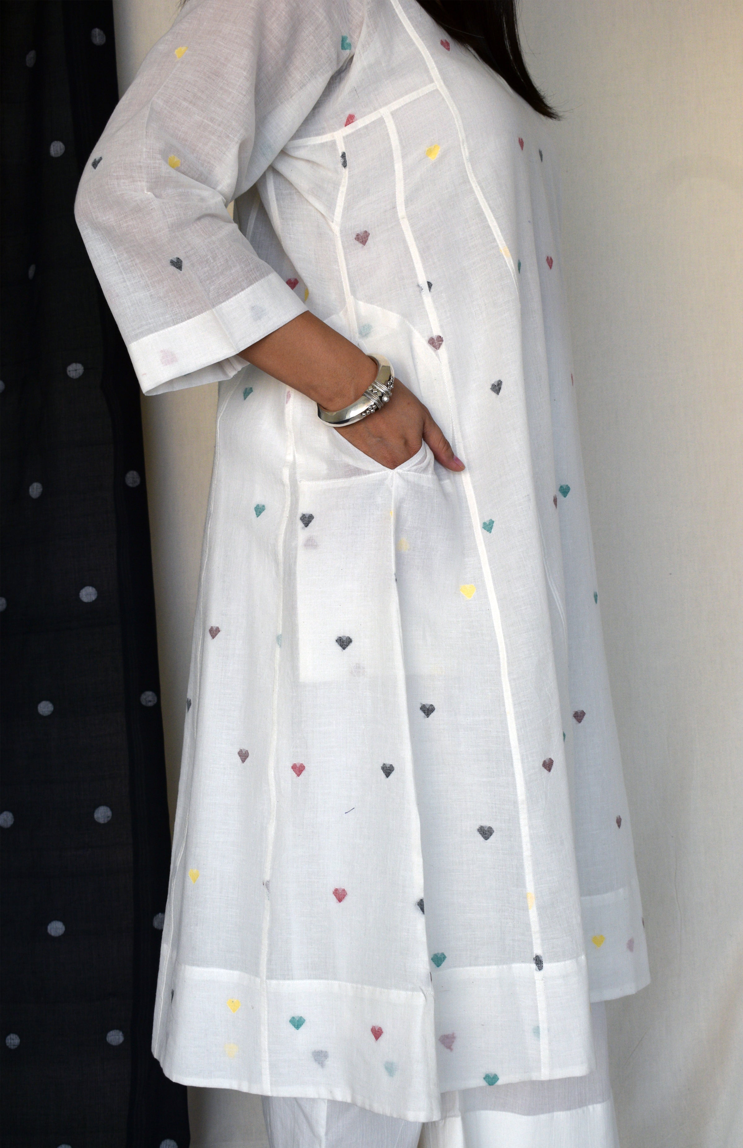Pearl White Jamdani Phiran with Off White Pyjama