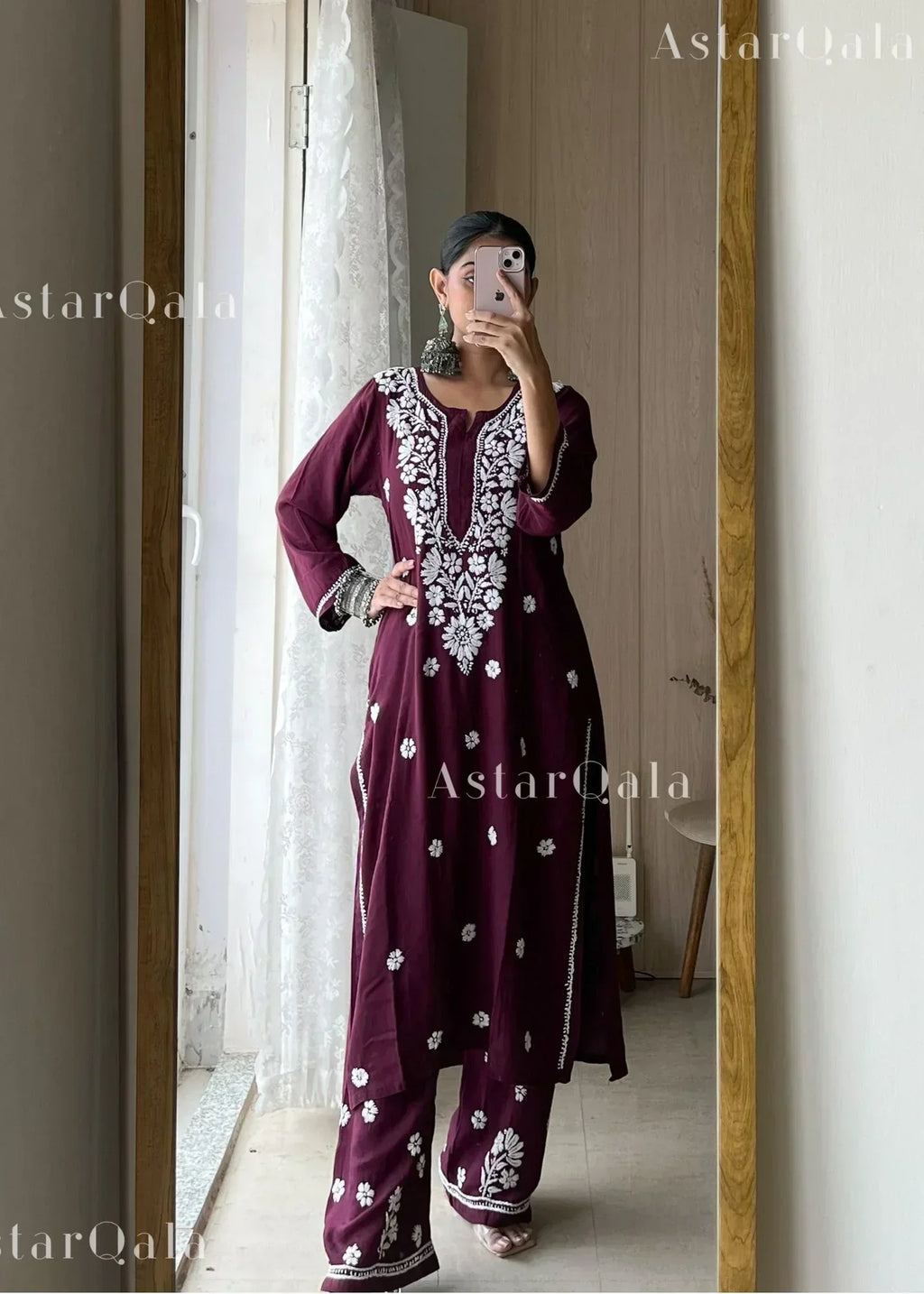 Charita Wine Cotton Chikankari Straight Kurta Set
