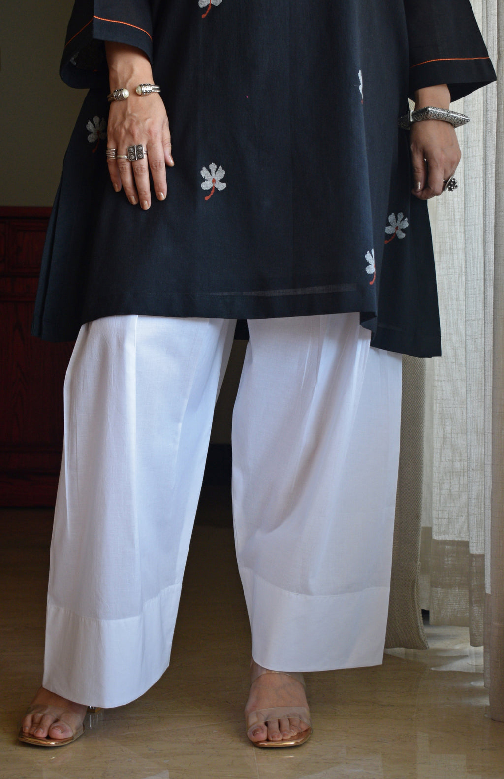Black Jamdani Short Kurta with Pleated White Pyjama
