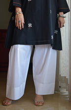 Black Jamdani Short Kurta with Pleated White Pyjama