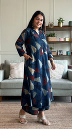 Mansi Ajrakh Handblock Kali Kurta - Indigo