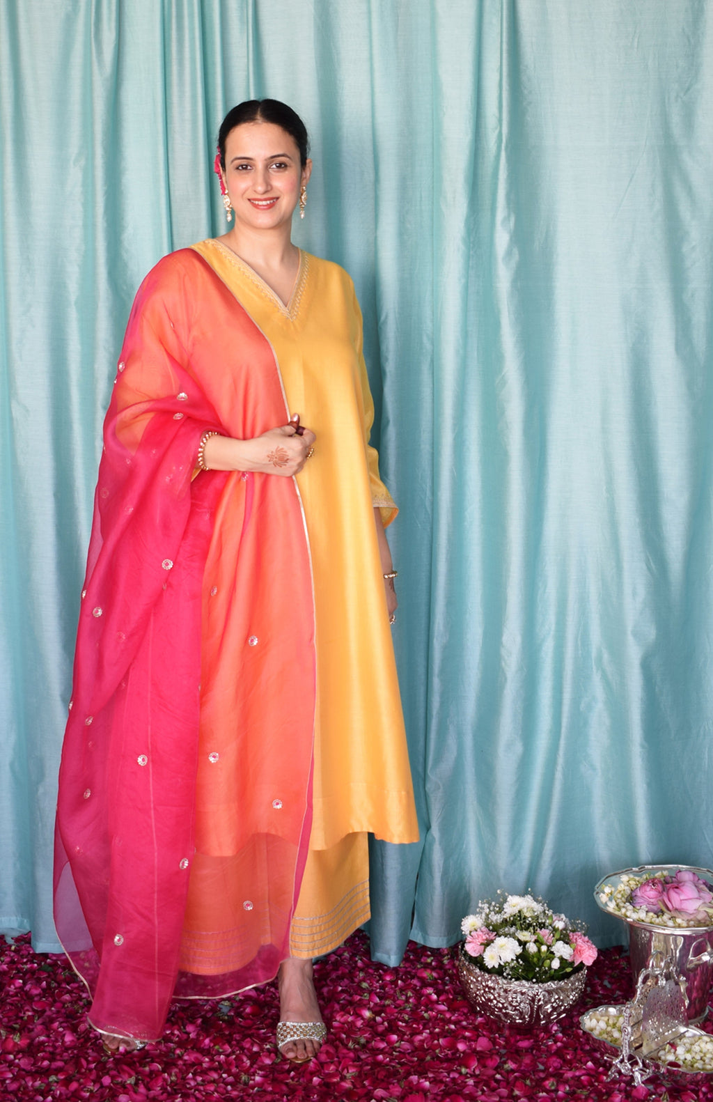 Kanak Chanderi Set with Hand Embroidered A line Kurta and Wide Legged Pyjama