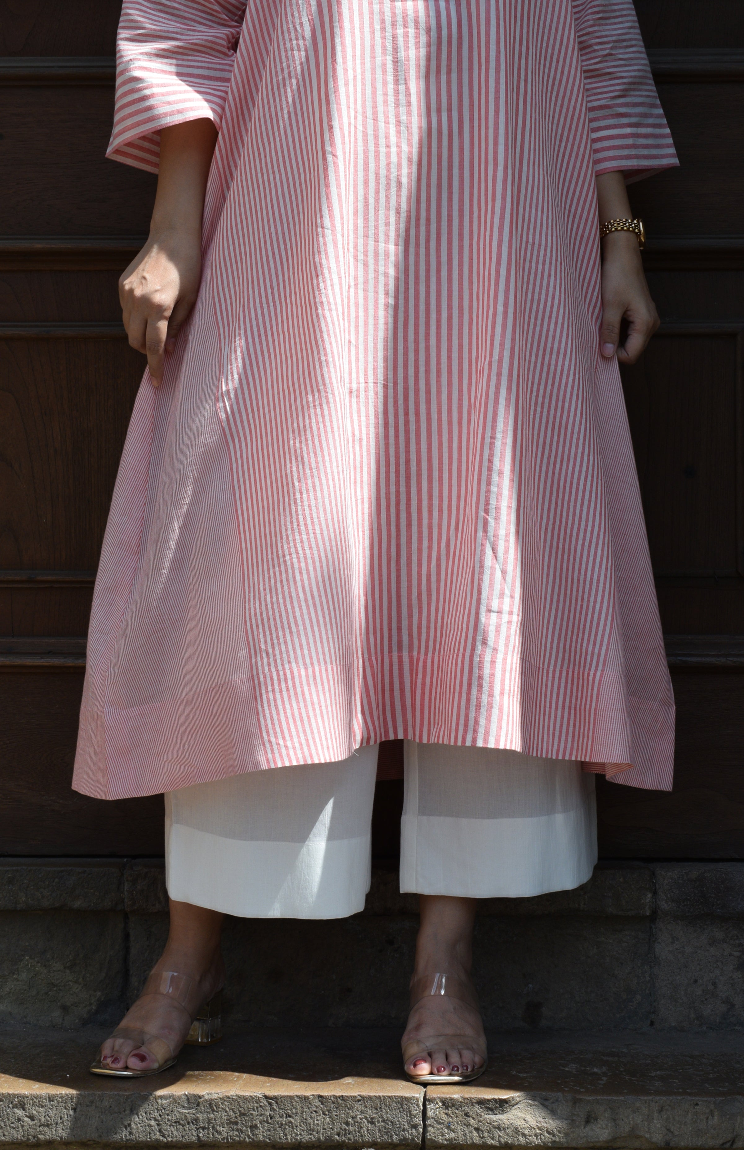 Coral Stripe A line kurta in Handwoven cotton