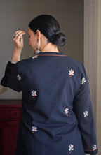 Black Jamdani Short Kurta with Pleated White Pyjama